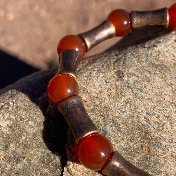 Wanderer and Gatherer Bracelet - Carnelian and Bamboo Brass Beads - Picture 1 of 5